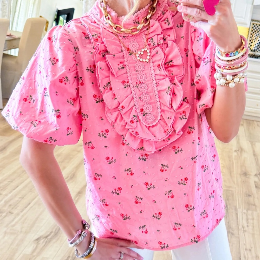 Pink Floral Ruffle Front Puff Sleeve Blouse - Picture 2 of 7
